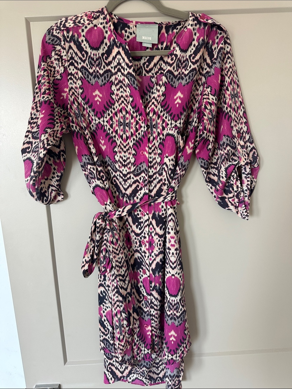 Maeve Pink and Black Ikat Wrap Mini Dress
